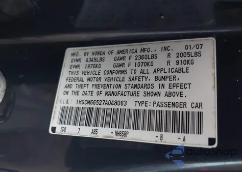 2007 Honda Accord 3.0 Ex z USA, uszkodzony, nr VIN 1HGCM66527A048063